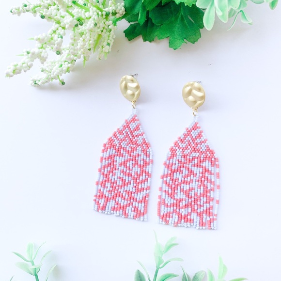 Coral Patterned Fringe Bead Handmade Earrings Pink & Blue - Picture 6 of 6